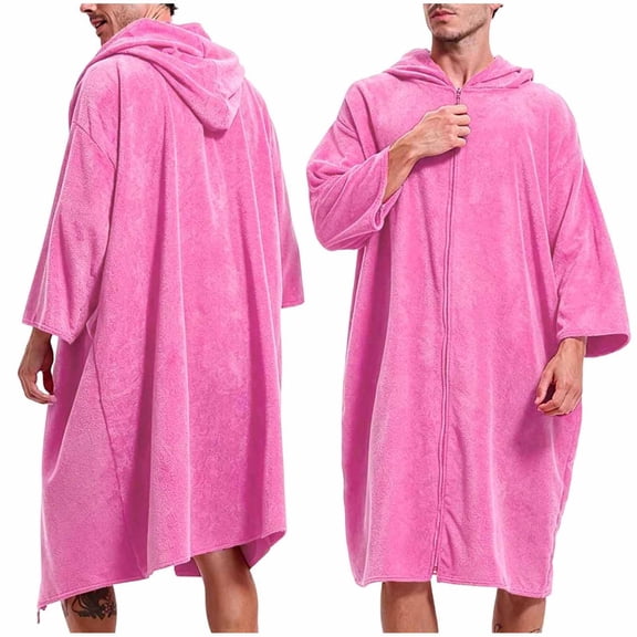 LYEAA Robes for Men with Hood Zip up Long Bathrobes Pocketed Solid Soft Long Sleeves Hooded Fuzzy Housecoat Pink Free Size
