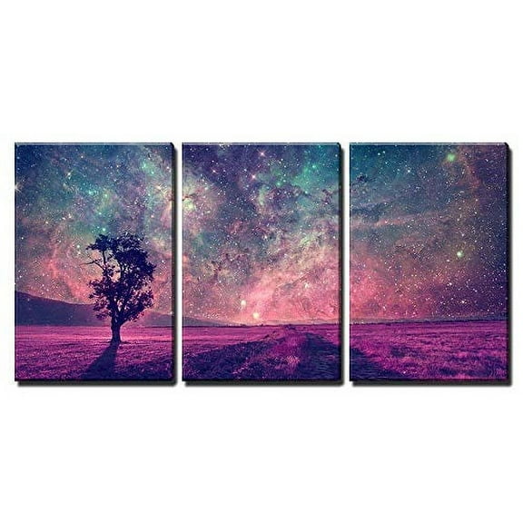 wall26 - 3 Piece Canvas Wall Art - Red Alien Landscape with Alone Tree Silhouette in Purple Field - Modern Home Art Stretched and Framed Ready to Hang - 16"x24"x3 Panels