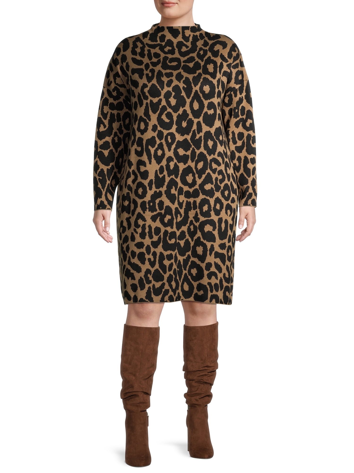Terra u0026 Sky Women's Plus Size Leopard Jacquard Sweater Dress - Walmart.com