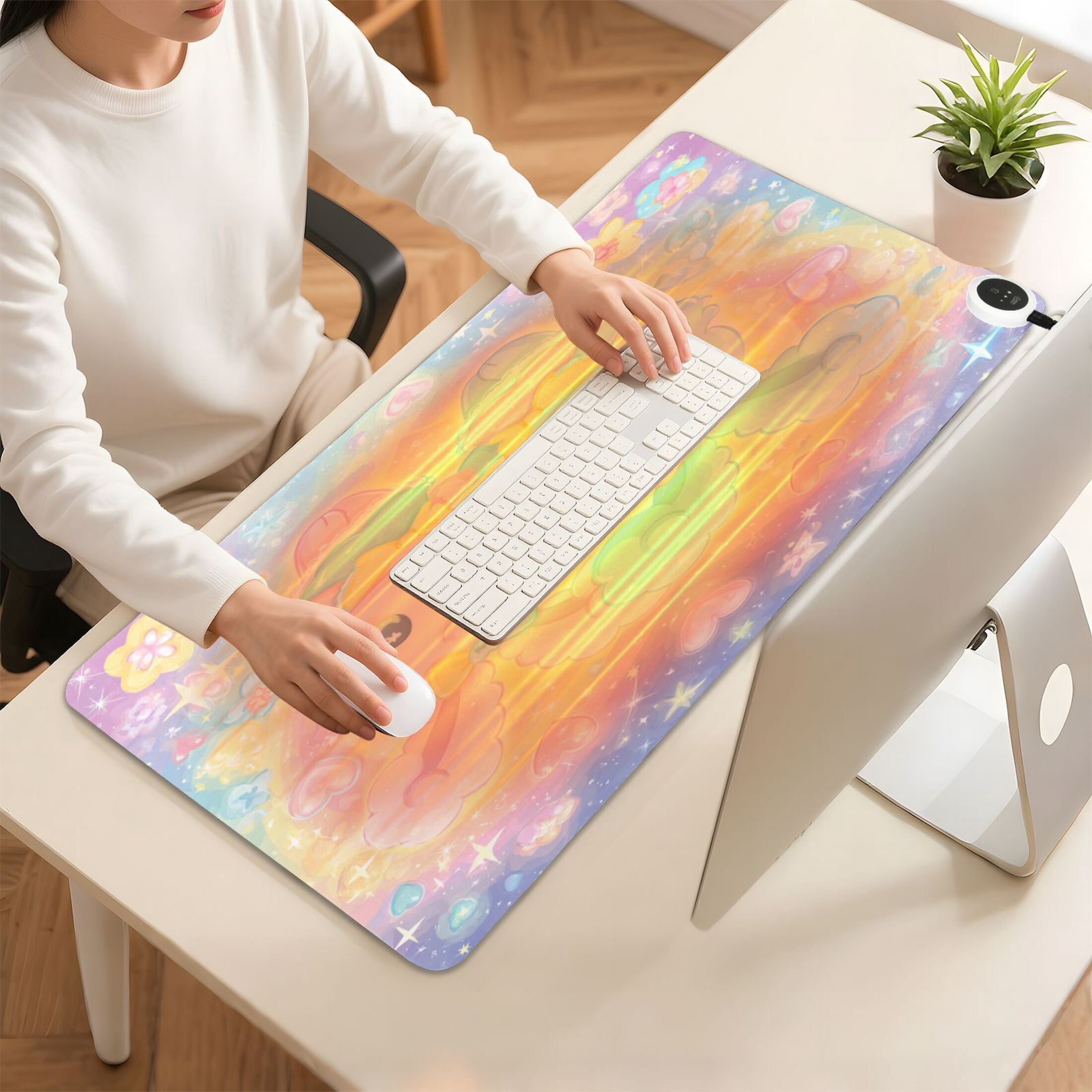 Large Heated Desk Mat Mouse Pad 31.5"x13"PU Leather Graphene Heating Desk Warmer with 3 Temperature Settings 110V US Plug Non-Slip Warm Pad for Home, Office, and Gaming Dreamy Celestial Bunny Duo