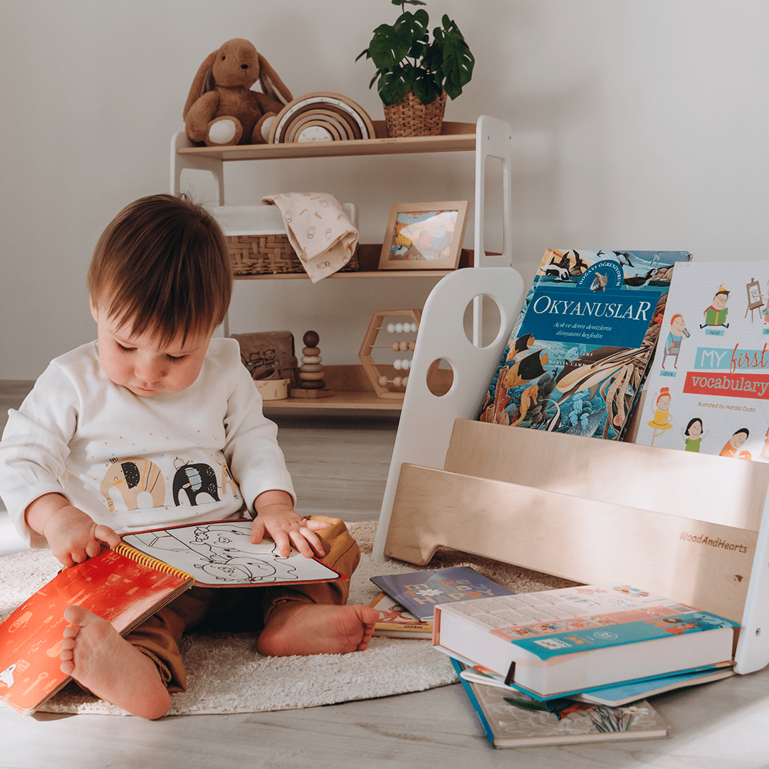 WoodandHearts Montessori Wooden 2-Shelves Adam Floor Bookshelf for Toddlers, White and Natural Wood