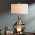 thumbnail image 3 of 360 Lighting Courtney Modern Table Lamp 28 1/2" Tall Fluted Smoked Glass with Nightlight White Linen Drum Shade for Bedroom Living Room Nightstand, 3 of 6
