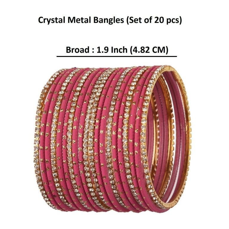 Efulgenz Indian Bangle Set Rhinestone CZ Plain Metal Bracelet Bangle Jewellery for Women 20 Pcs Size 2.6 Pink