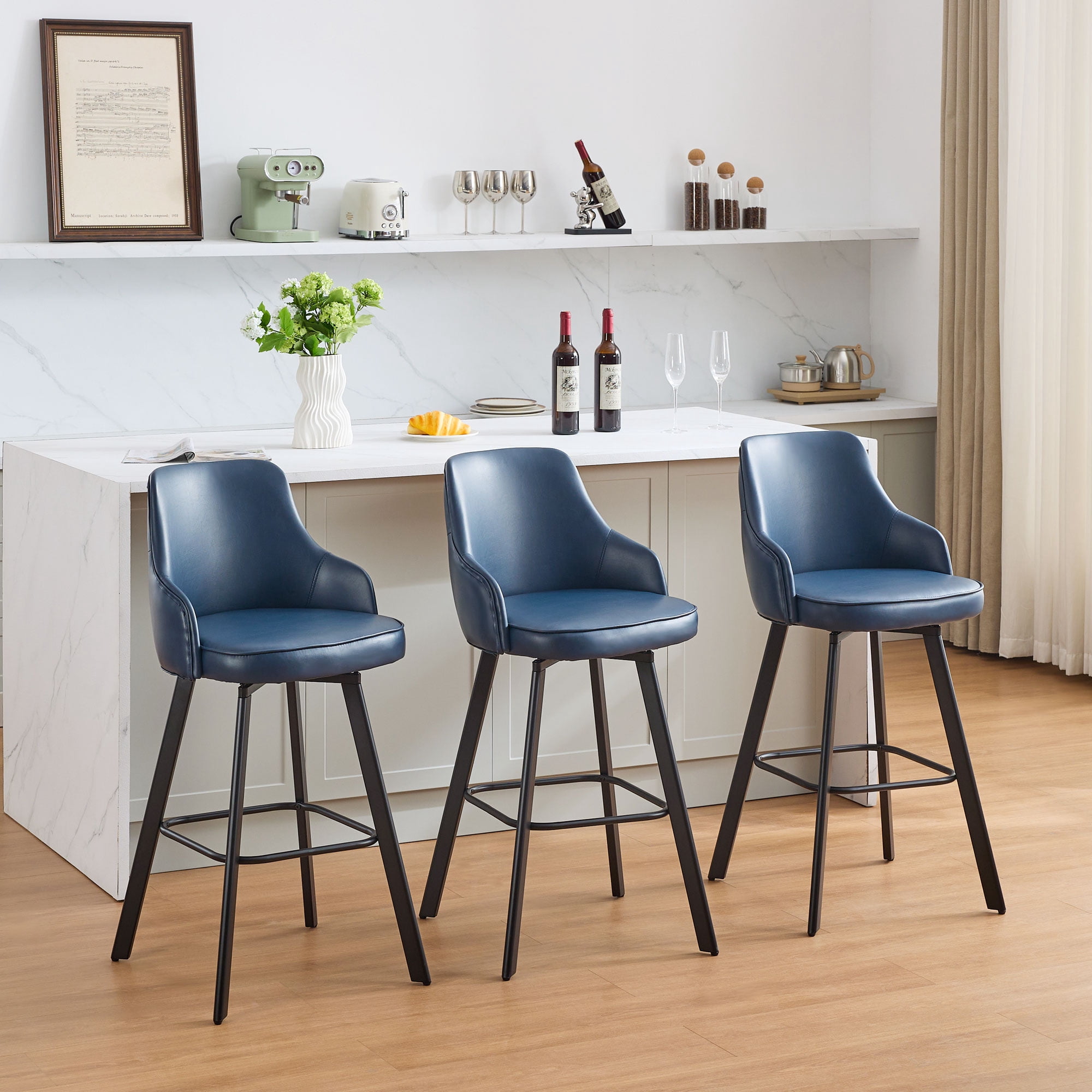 FIRAVOE Bar Stools Set of 3 (High Back) Swivel Barstools (30") Bar Height Bar Stools Faux Leather Bar Chairs for Kitchen Island, Blue