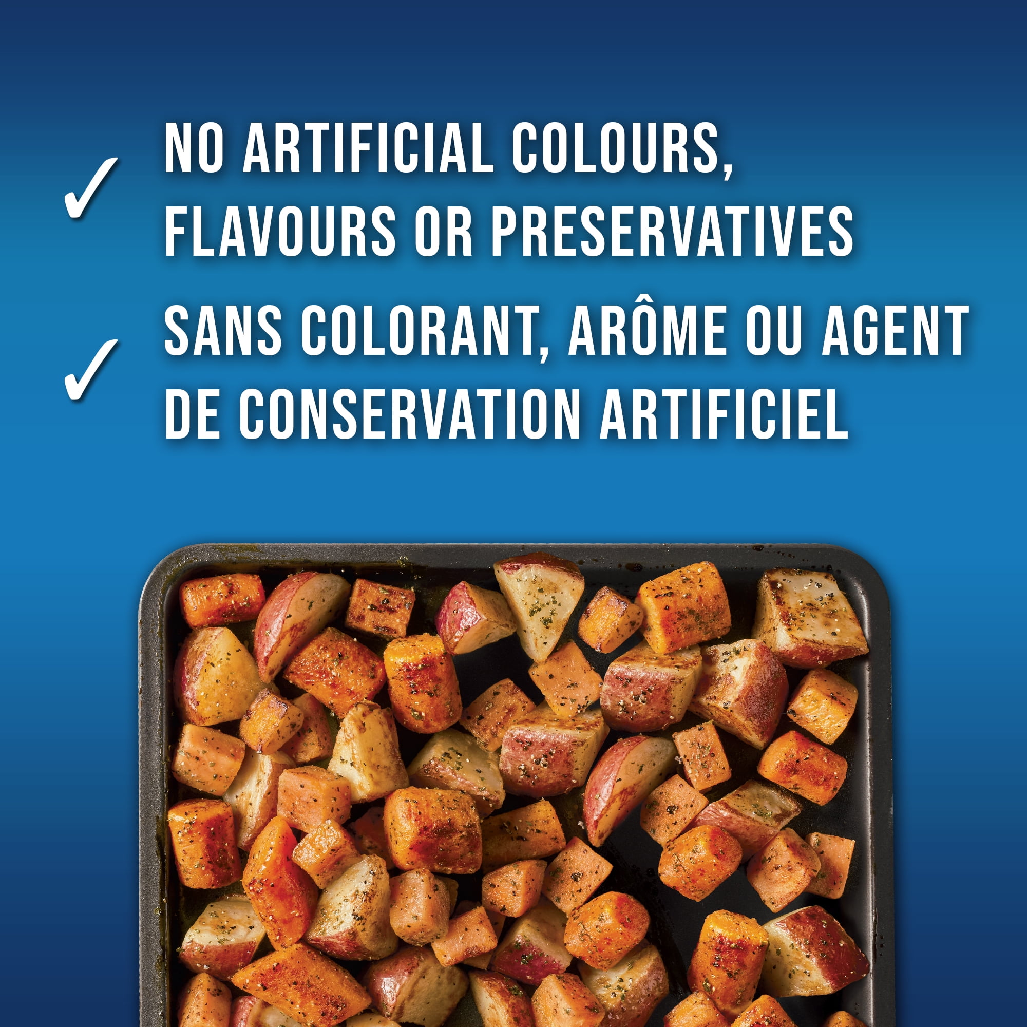 Swanson Oven Roasters Seasoned Carrots, Sweet Potatoes & Red Potatoes: frozen mixed vegetables seasoned with sea salt, pepper, and herbs