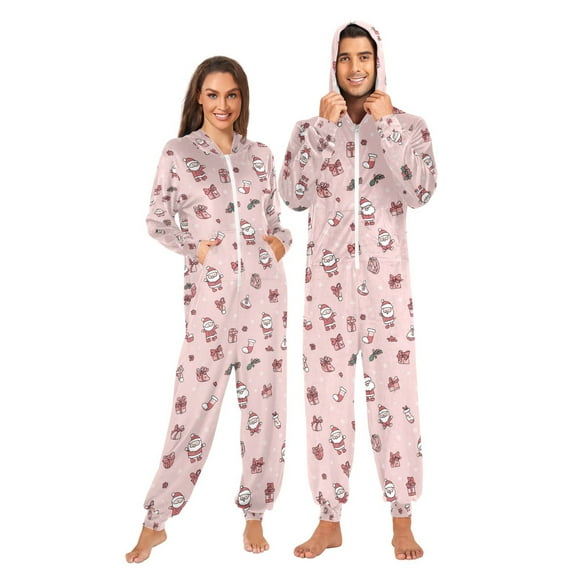 Adult Christmas Onesie Pink Bow Socks Adult Zipper One-Piece Pajamas Unisex Pajamas with Pockets