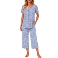 thumbnail image 2 of Weekease Two Piece Pajamas for Women Set Crew Neck Short Sleeve Tops Capris Summer Loungewear with Pockets, 2 of 8