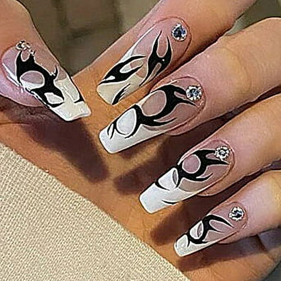 24pcs Press On False Nails Fake Nail Salon Full Cover Design for Women Girls Gift Extra Long French Style Halloween