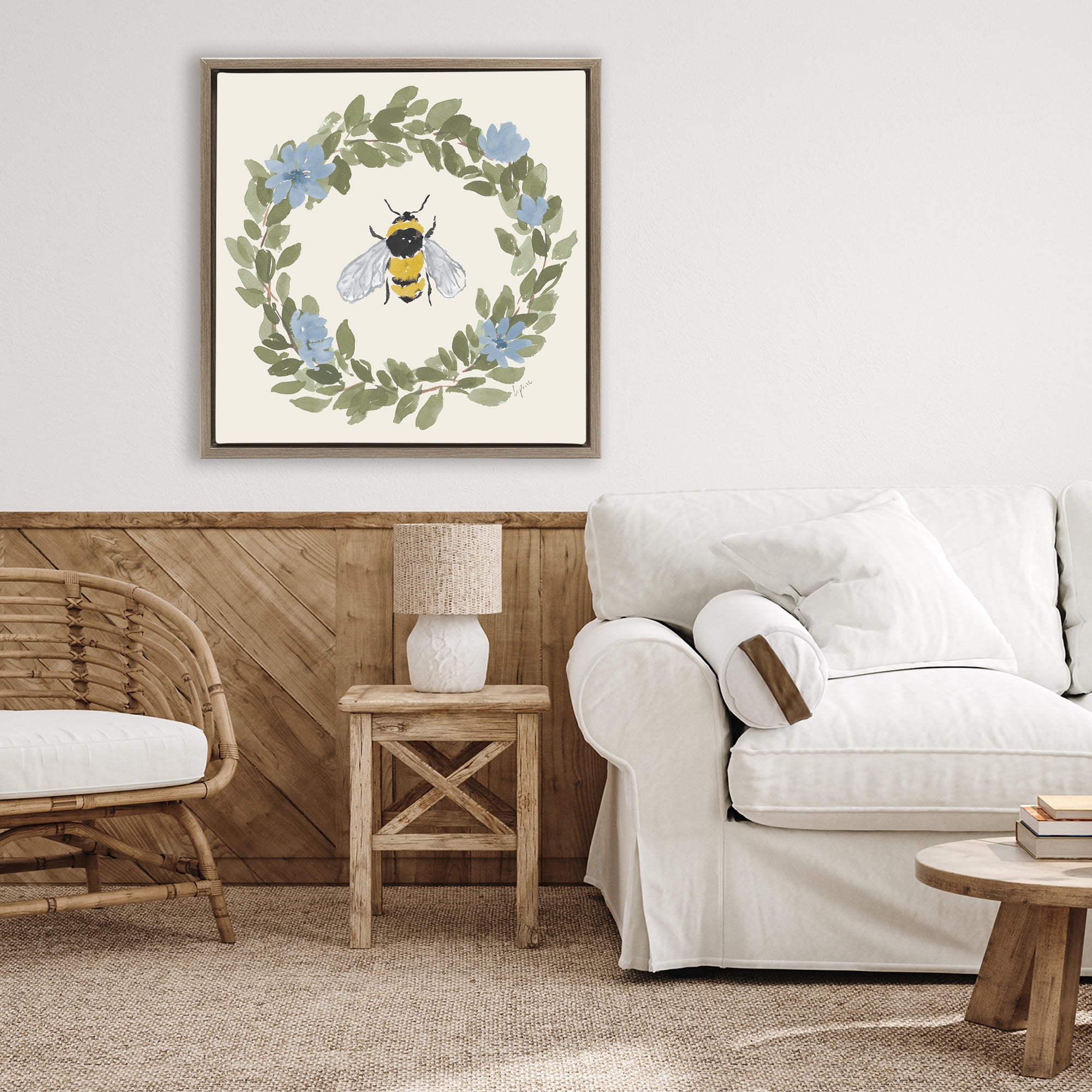 Stupell Industries Floral Wreath Bee Celebration Brown Framed Floater Canvas Wall Art, design by Lucille Price