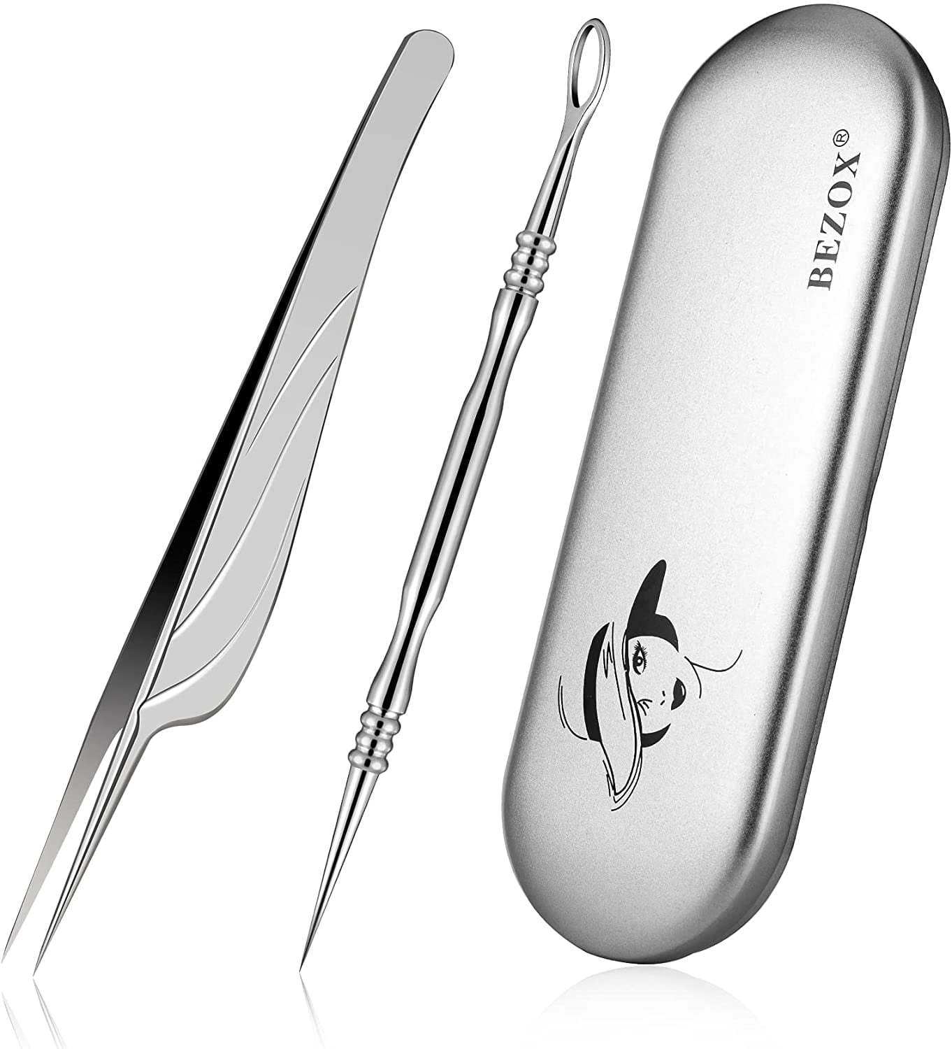 BEZOX Blackhead Whitehead Removal Tools – 2 Piece Set of Blackhead Tweezers and Ance Needle with Comedone Extractor – Pimple Popper Tool Kit