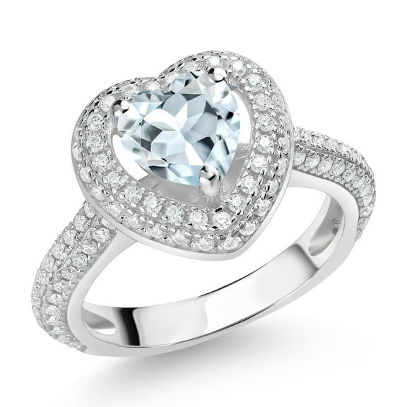 Gem Stone King 925 Sterling Silver Sky Blue Aquamarine and White Moissanite Heart Shape Ring for Women (1.35 Cttw, Size 8)