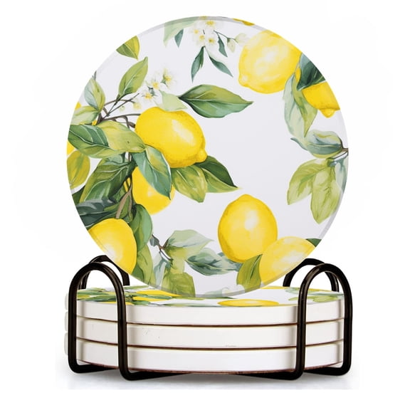 BaHomeck Drink Coasters Set of 4 with Holder lemons and leaves with watercolor style Water Absorbent Ceramic Coasters Tabletop Protection,Suitable for Various Cup ,Home Decor