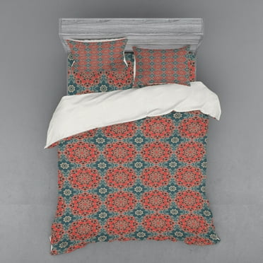 Ambesonne Mandala Bedding Set 4 Pcs, Culture Flowers, Queen, Dark Coral Slate Blue