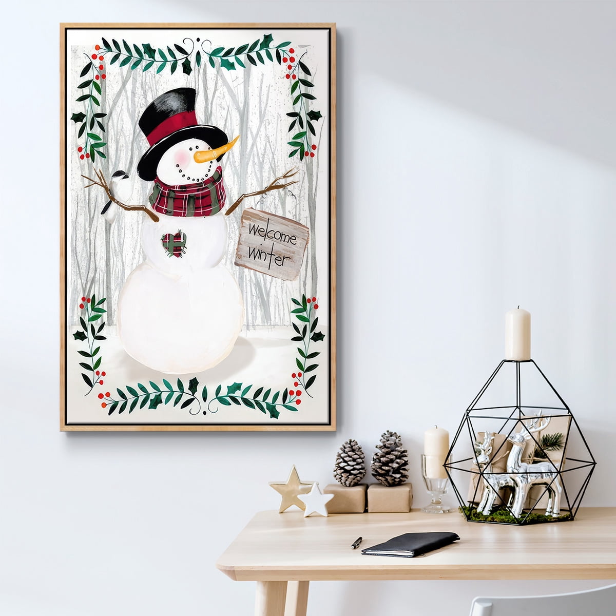 Folk Snowman Forest I - Framed Gallery Wrapped Holiday Canvas - 25 x 37 - Natural Wood Frame