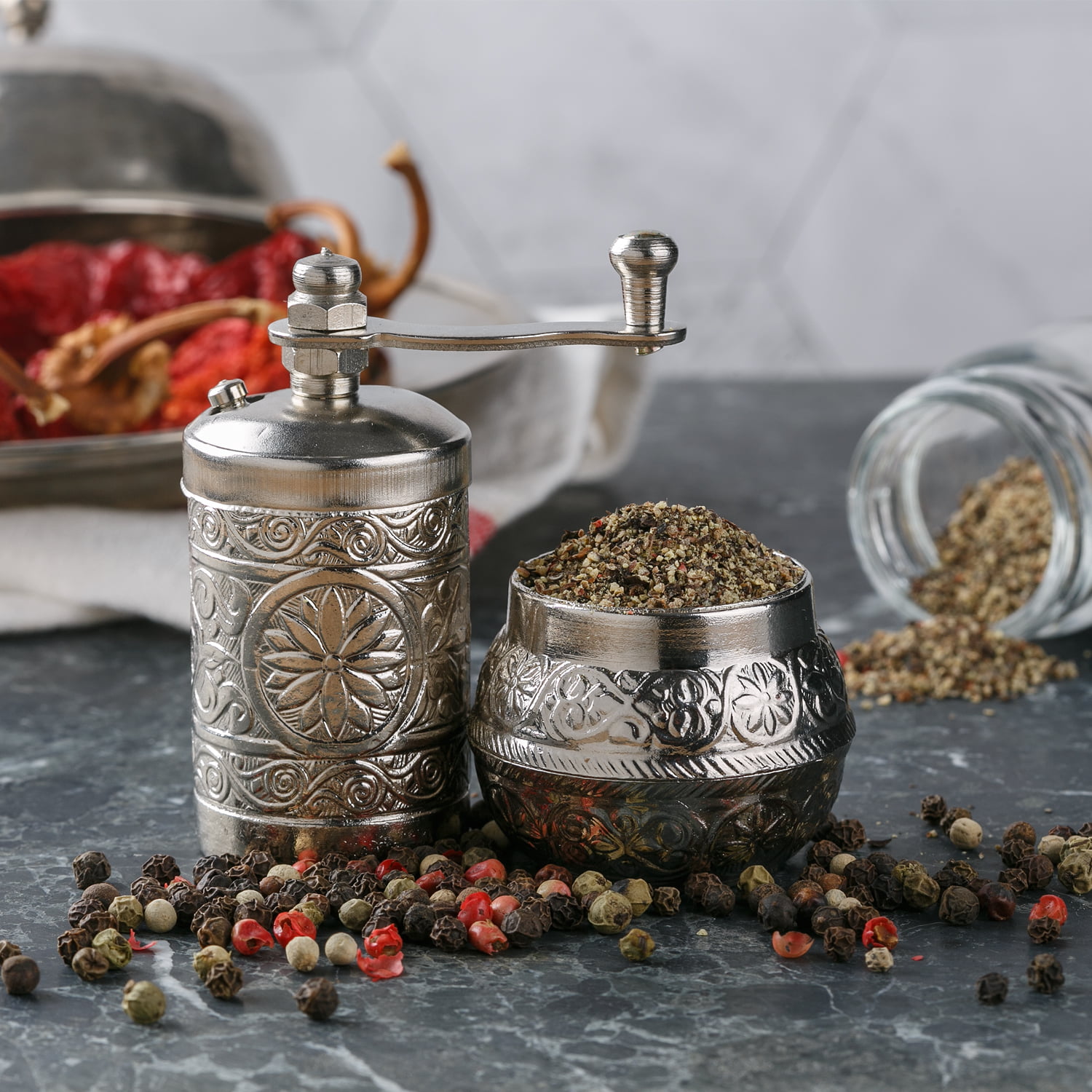 Flowers Hand-Engraved Black Pepper Grinder, Manual Brass Turkish Pepper Mill