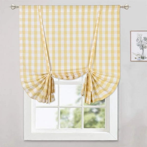 Haperlare 42"W x 63"L Tie Up Curtains Kitchen Buffalo Check Adjustable Tie Up Shades Farmhouse Light Filtering Valance, Yellow, 1 Panel