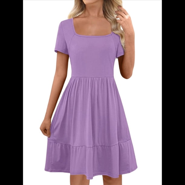 Vestido Babydoll Informal de Verano para Mujer, de Corta y Cuello Cuadrado, Estilo , Corte en A, , 2025 Púrpura XL