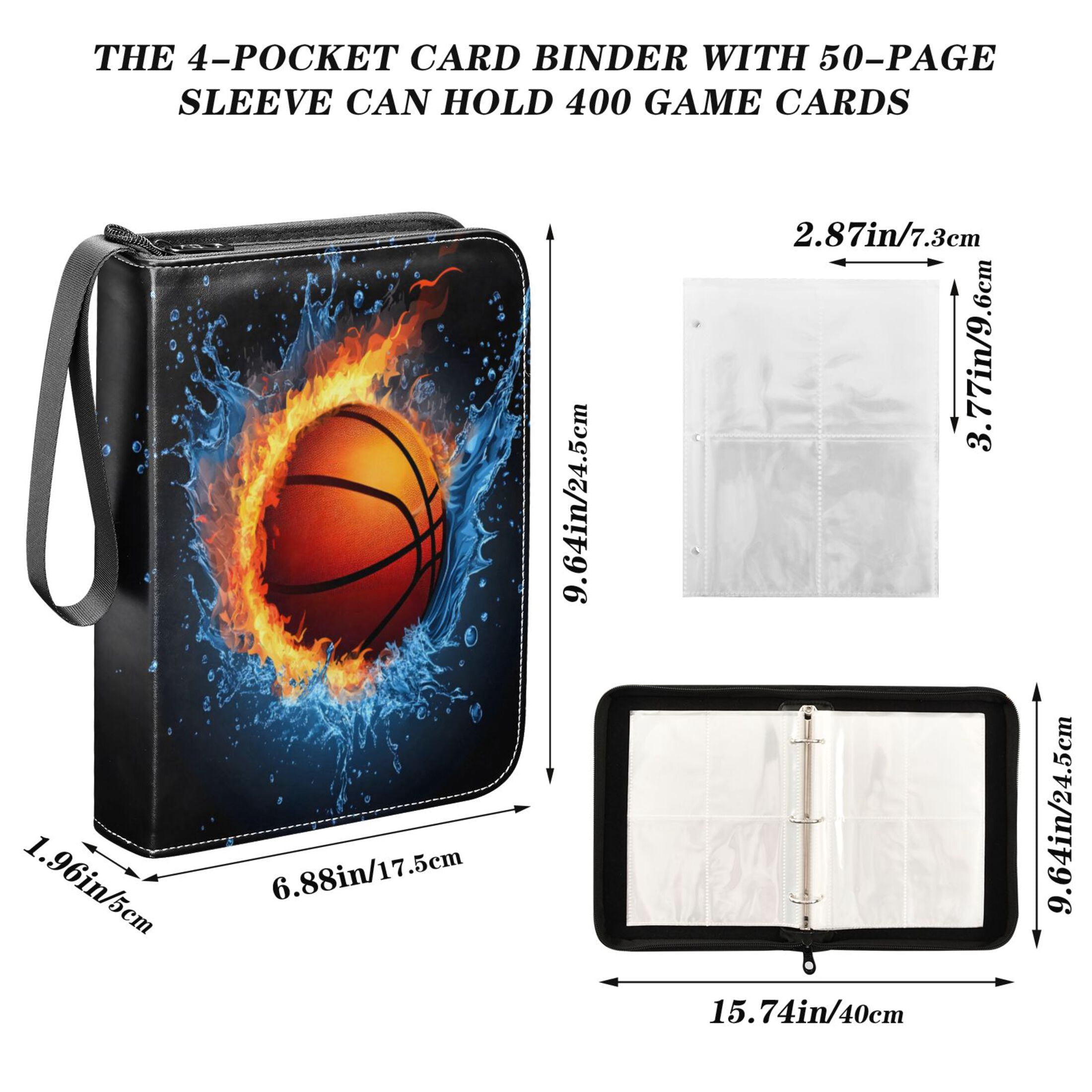 ALAZA Basketball with Fire Trading Card Binder 4 Pocket Cards Collection Album 400 Folder Holder