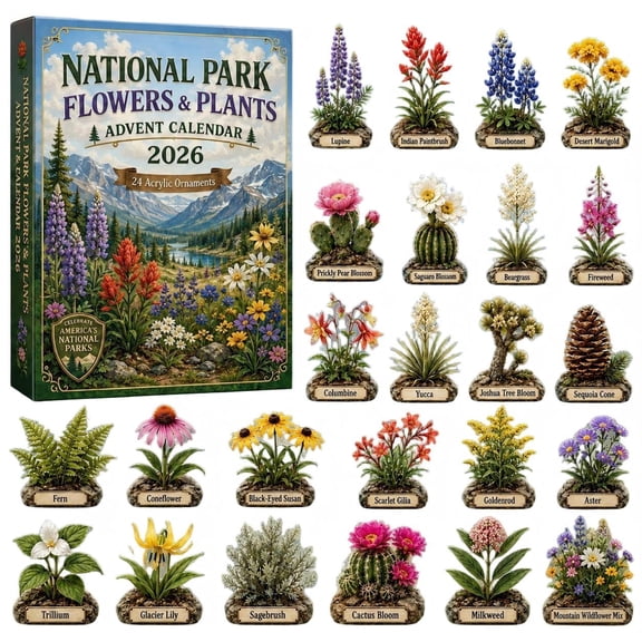 CQHVKQ Christmas National Parks Advent Calendar 2026, 24 Days Christmas Countdown Calendar of Wild Places Keepsakes, 2D Acrylic Flowers Ornaments Advent Calendar for Nature Lover Gifts, Xmas Tree