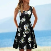 CEHVOM Women Casual Sleeveless Dress O-neck Map Print Knee-Length Beach Dress
