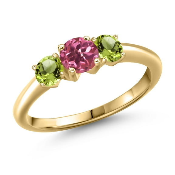 Gem Stone King 10K Yellow Gold Pink Tourmaline and Green Peridot Engagement Ring for Women | 1.12 Cttw | Round 5MM | Gemstone October Birthstone | Size 6