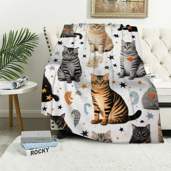 Nawypu Cute Cat Blanket Animals Pet Pattern Gifts for Cat Lovers Kawaii Soft Lightweight Flannel Throw Blankets for Kids Adults