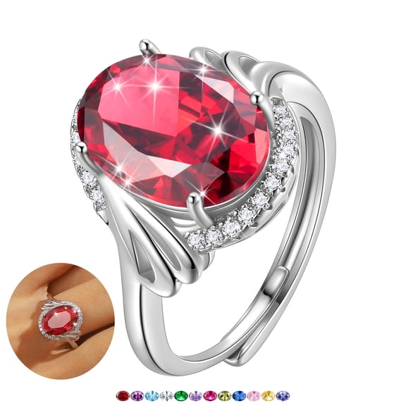 Juwaliy 8Ct Oval Ruby Women Ring 925 Sterling Silver Halo July Birthstone Red Band Jewelry Mother Grandma Birthday Xmas Valentine's Day Gift