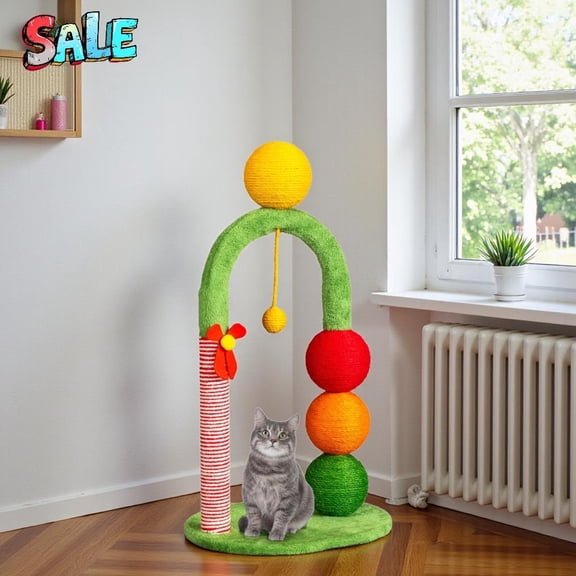 Tcbosik Christmas-Themed Cat Scratching Post- 29in Arched Cat Scratcher with Candy Cane-Colored Post & Sisal Balls, Soft Fleece Plush & Stable Base, Green