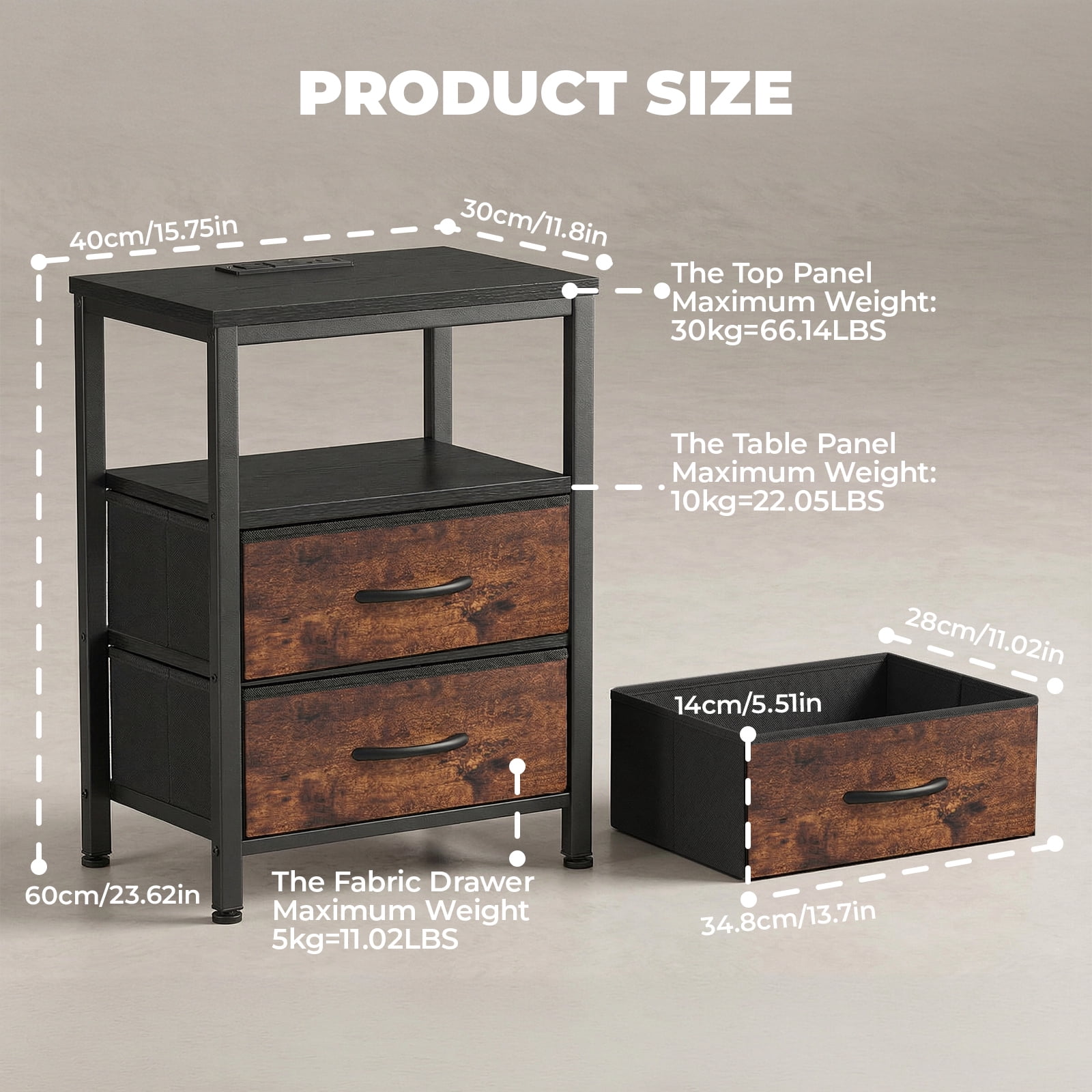 Alvantor Bedside Table Charging Station Nightstand with Fabric Drawers, End Side Table for Bedroom Living Room