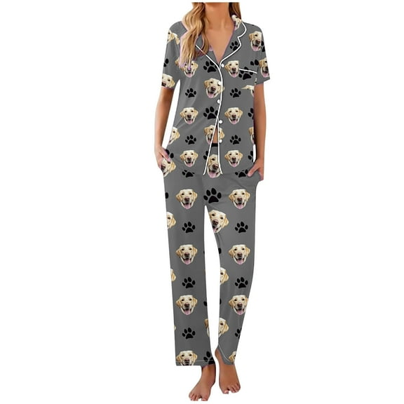 Iyufng Pajama Sets for Women,Loungewear Sets,Fashion Printed Thin Short Sleeved Top Long Pants Lapel Button up Sleepwear Pjs Set,Women Homewear,S-XXL