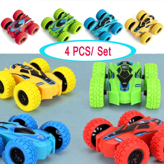 Set of 4 Friction Powered Car Toys, Double-sided Stunt Flip Inertia Car, 360 Rotation, Push and Go Toy Cars for Toddlers, Powered Pull Back Toys Vehicle Gifts for 3 4 5 6 7 8 Year Old Boy