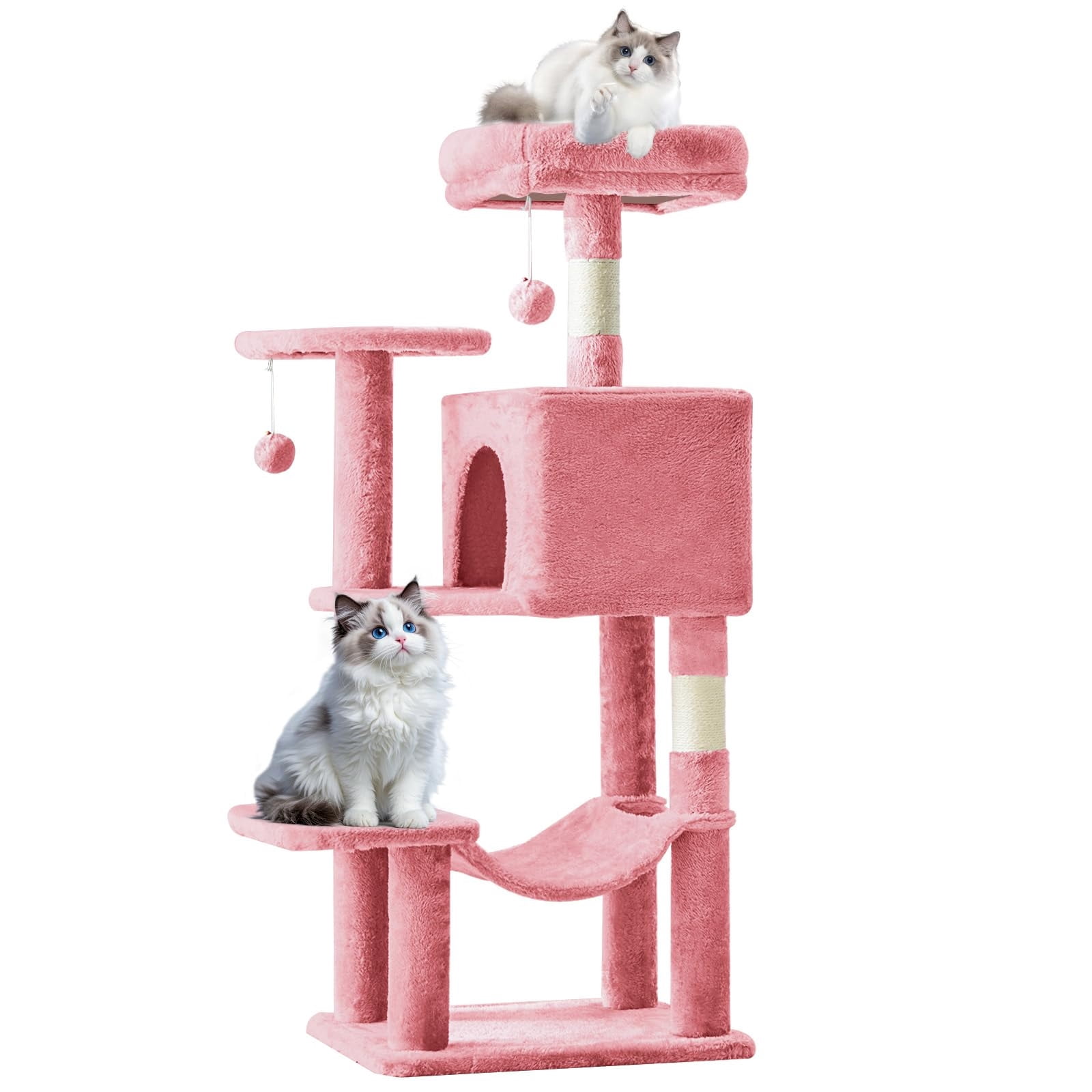 Kelno 44" Cat Tree Tower Durable Cat Climbing Tower with Sisal Scratching Posts Cozy Condo Hammock and Platforms, Pink