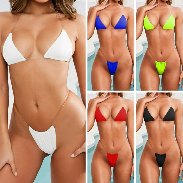 HEVIRGO Transparent Strap Push-up Bikini Set Two Pieces Halter Triangle Bra  High Waist Thong Swimwear for Beach,Blue XL 
