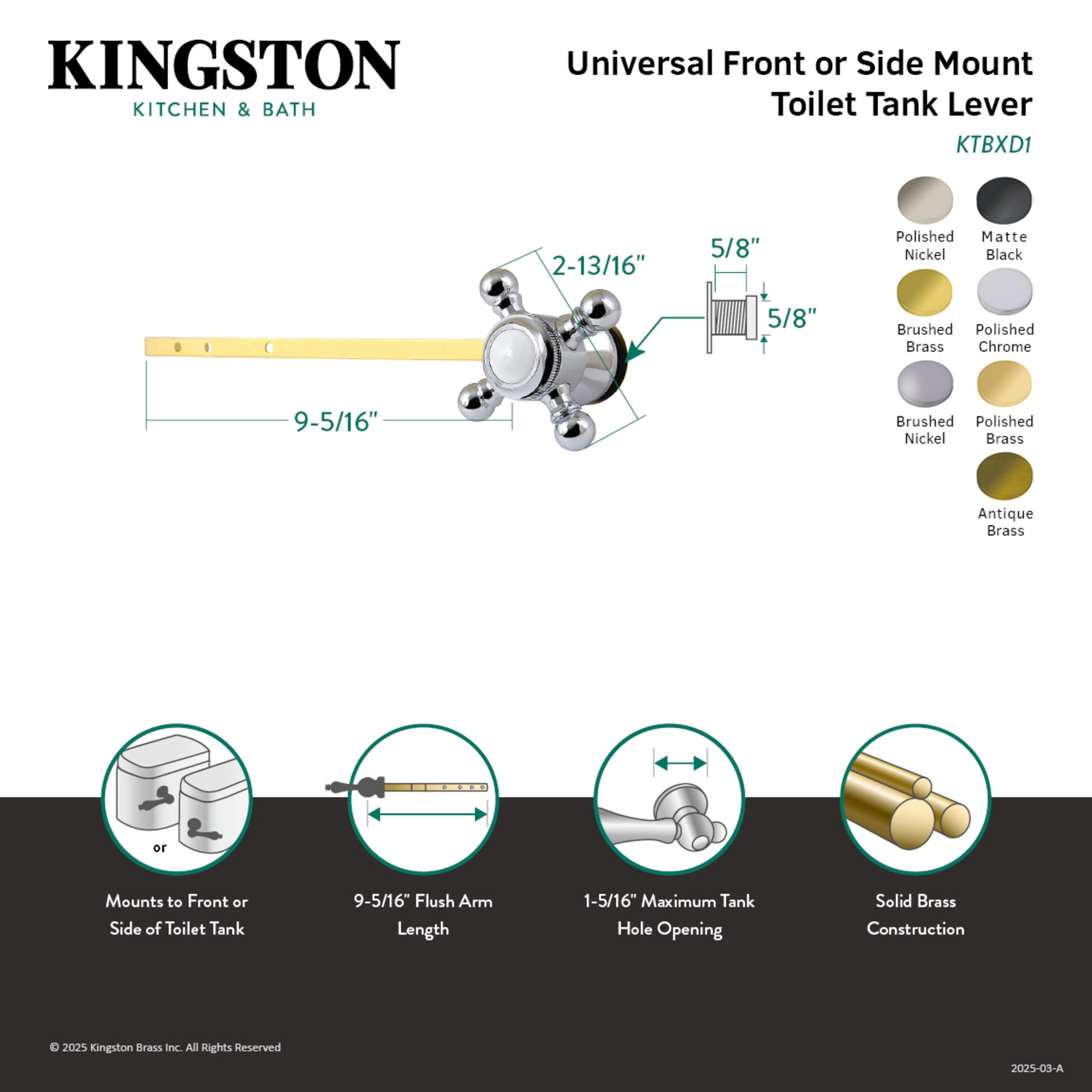 Kingston Brass KTBXD8 Buckingham Universal Front or Side Mount Toilet Tank Lever in Brushed Nickel