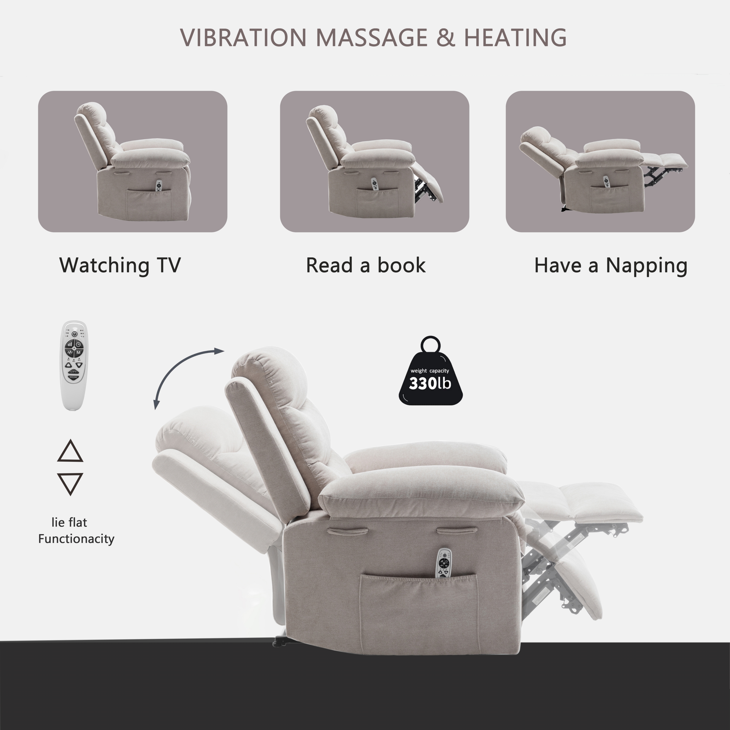 MOONMISS Velvet Adjustable Massage Function Side Pocket Power Recliner Chair with Heating System-Camel