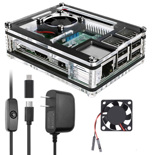 Funda + ventilador de refrigeración + disipadores de calor + fuente de alimentación para Raspberry Pi 3 B+
