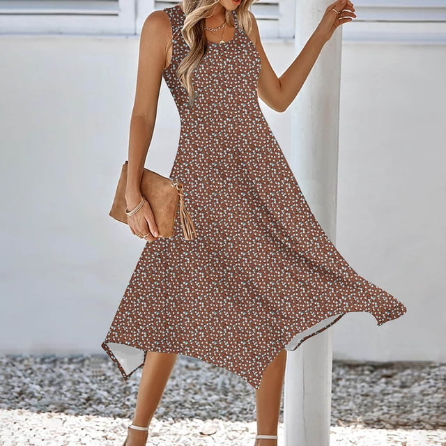Ovzne Robes pour Femmes Robe pour Femme Robe Imprimée Sans Manches avec Poche Ourlet Irrégulier Col Rond Robe Grande Taille Robe Imprimée Liquidation