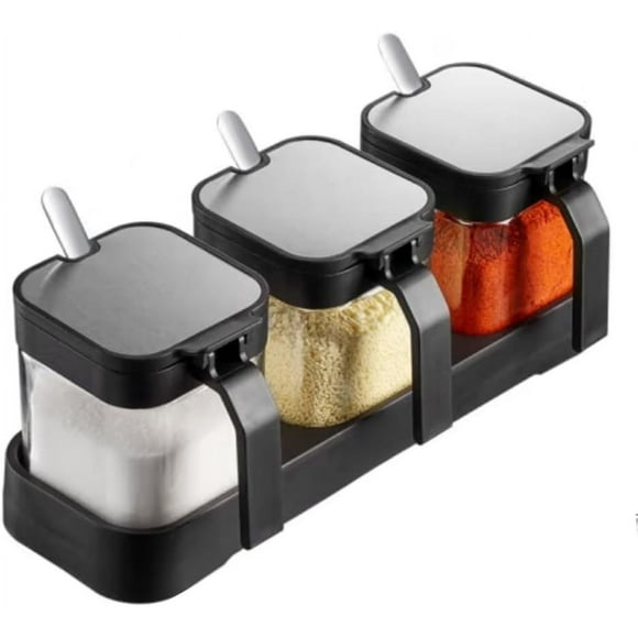 shiyou-Condiment Jar Spice Container with Lids and Spoons, 10oz Clear Glass Condiment Jars Set of 3, Pots Seasoning Box Salt Container Sugar Bowl for Kitchen, Food Storage Black