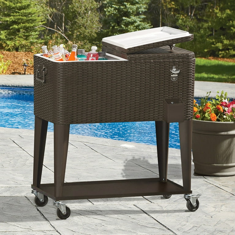 Clevr Outdoor Patio 80 quart Party Portable Rolling Cooler Wheeled Ice Chest with Bottle Opener, Brown Rattan