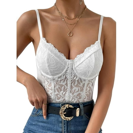 Women s Floral Lace Sheer Mesh Corset Bodysuit Spaghetti Strap Cami Top
