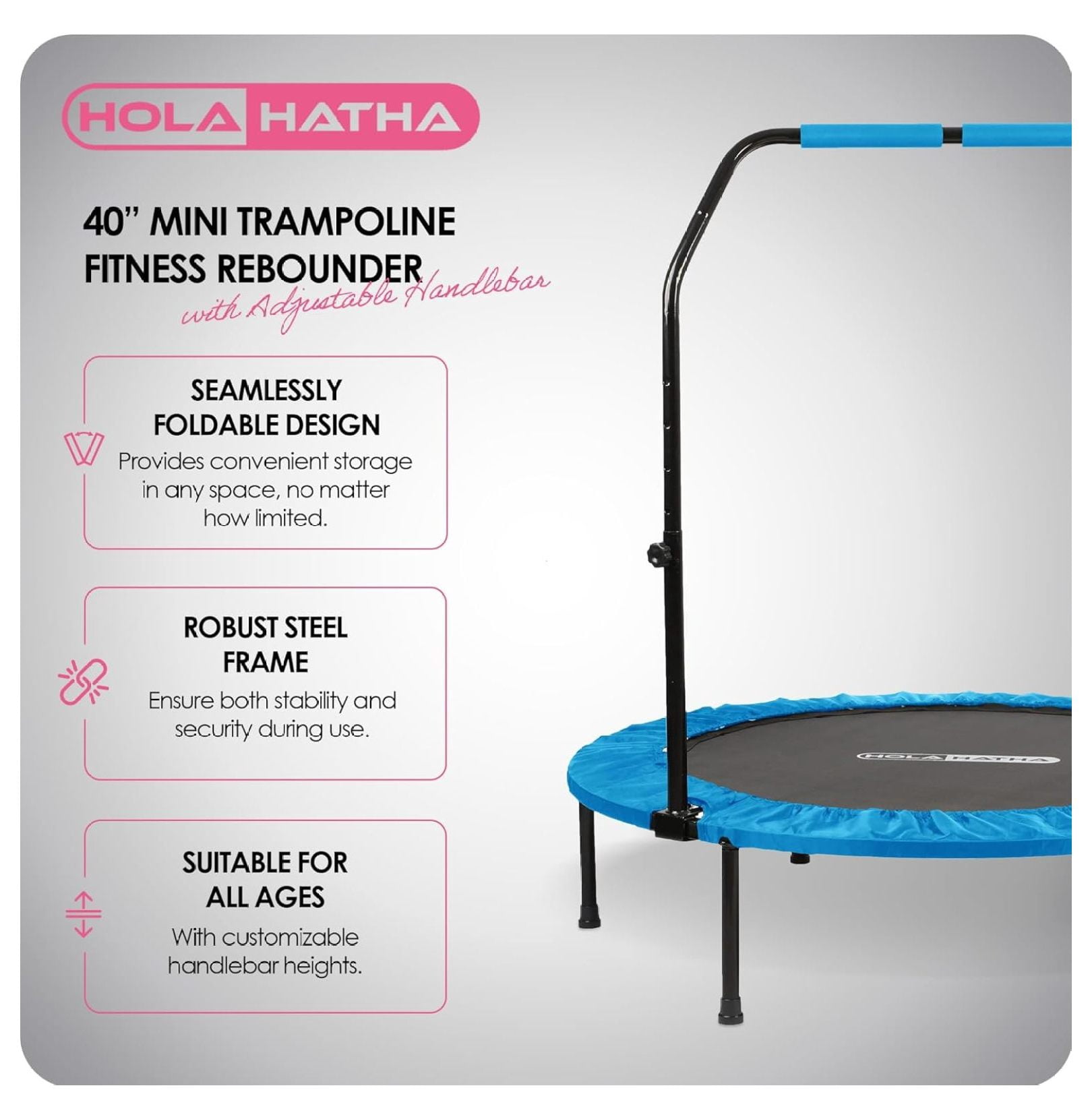 Foldable Mini Trampoline Home Gym Fitness Rebounder with 5 Level Adjustable Handle, Supportive 440 lb Capacity Workout Equipment, 40", Blue