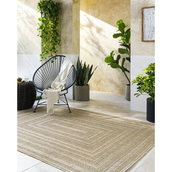 Livabliss Outdoor Rugs, 5x7 Sandra Cottage Beige Area Rug for Patio, Porch, Deck, Backyard, Waterproof Indoor Outdoor Carpet (5'3" x 7')