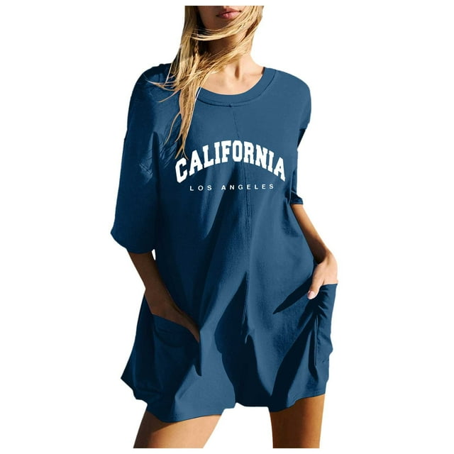 YDLCAFD Mode Femme Imprimé Uni Décontracté Manches Courtes Col Rond Poche Shorts Combinaison S