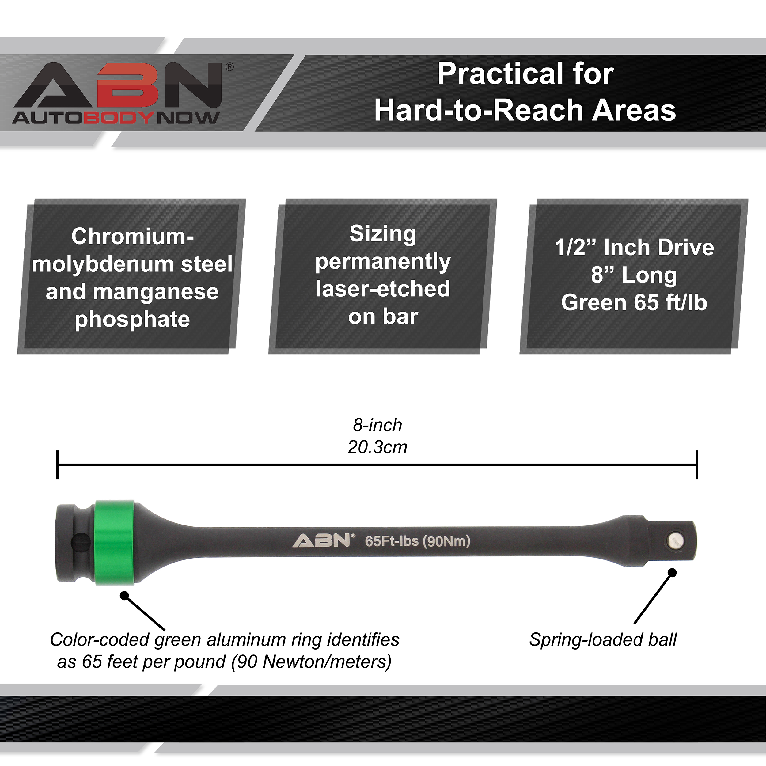 ABN 1/2” Inch Drive 8” Inch Long Torque Socket Extension Bar – Green 65  ft/lb