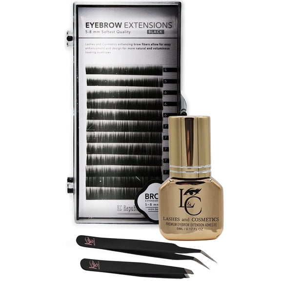 Eyebrow Extensions Premium Kit with 1 x Trays of Mink Eyebrows in Black Comes on Mixed Length Trays 5-8 mm Mix, Eyebrow Premium Glue Clear & Dual Pack (Straight & Curved Tip) Extension Tweezers