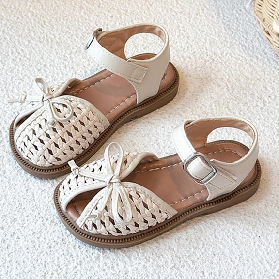 hengsof Girls' Woven Peep Toe Sandals Fashionable Solid Color Bow Spring Summer Beach Sandals Casual Soft Soled Princess Shoes