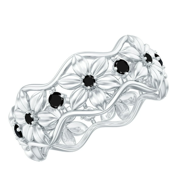 Rosec Jewels Black Spinel Gold Flower Band Ring for Women (0.25 CT, AAA Quality), 925 Sterling Silver, US 4.00