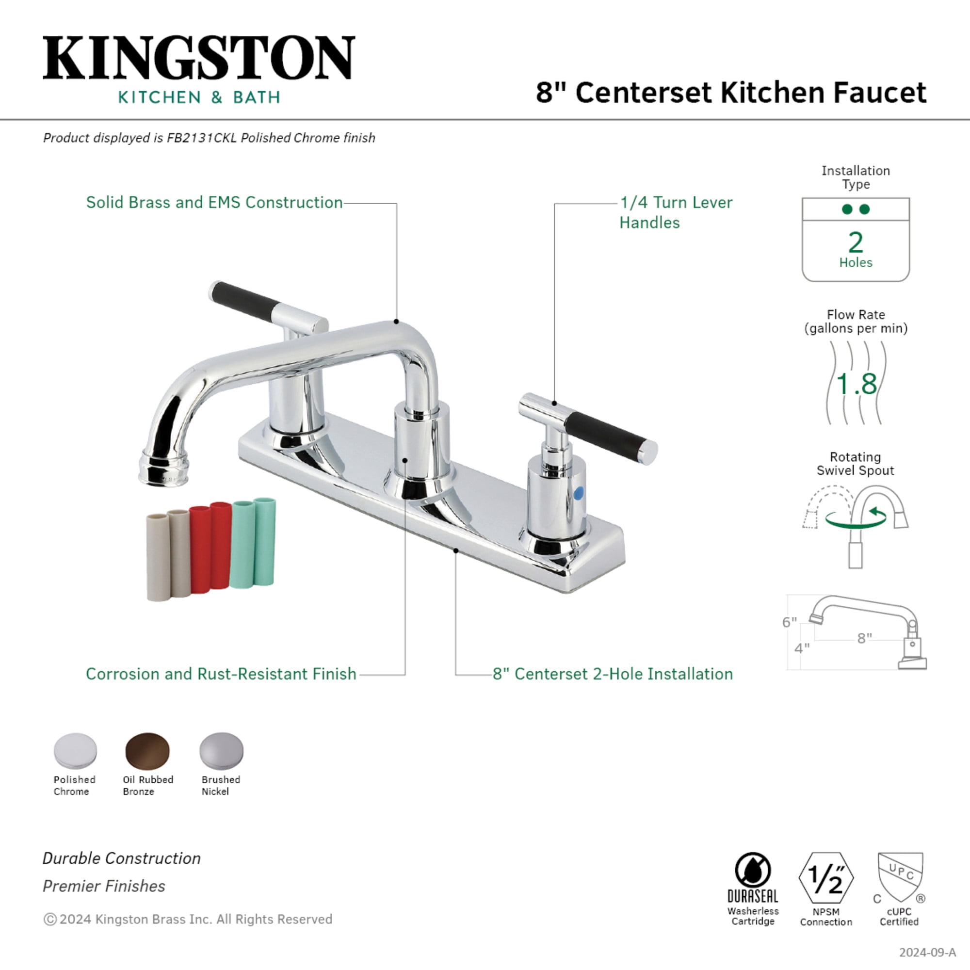 Kingston Brass FB2131CKL Kaiser Double-Handle 8" Centerset Kitchen Faucet, Polished Chrome