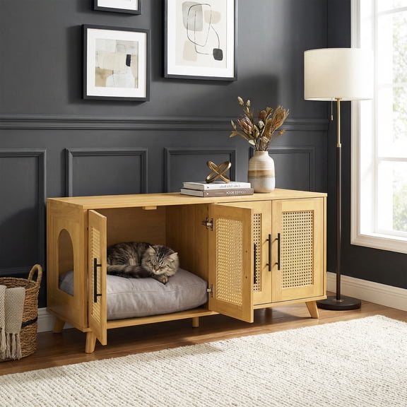 Christopher Knight Home Cat Cabinet with Cushion, Rattan Pet House Sideboard, Natural
