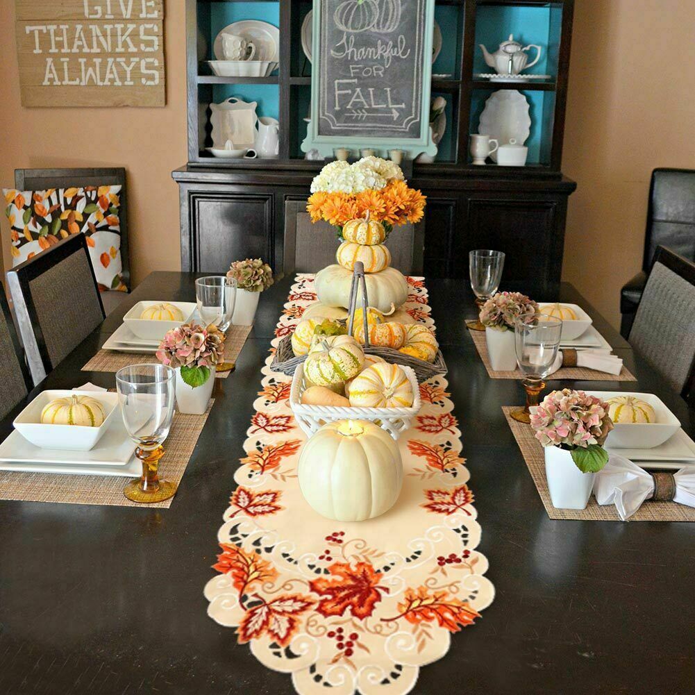 Coolmade 67 x 15 Inch Embroidered Maple Leaves Table Runner, Handmade Table Cover for Fall and Thanksgiving Party Decoration